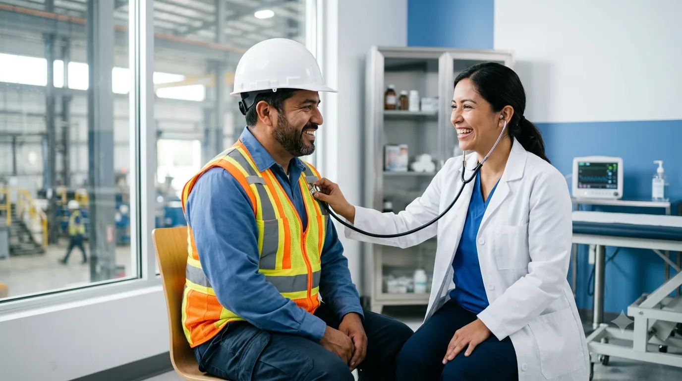 Médico laboral realizando un examen a un trabajador industrial con equipo de seguridad